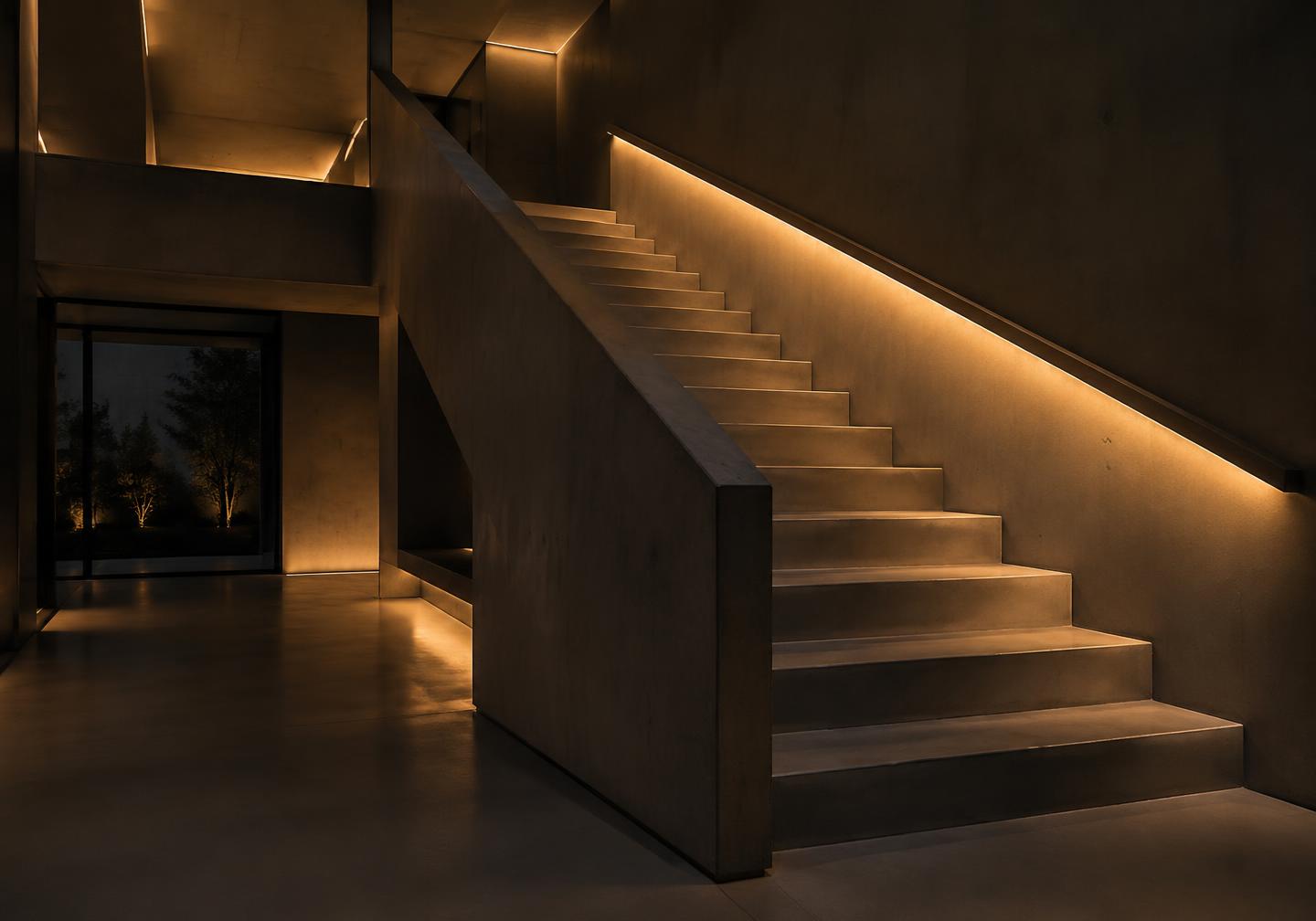 Escada de concreto com fita de LED contínua no guarda-corpo
