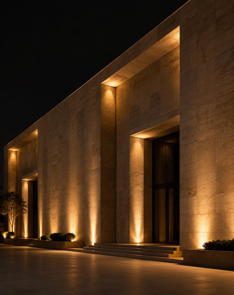 Fachada de pedra iluminada por balizadores âmbar