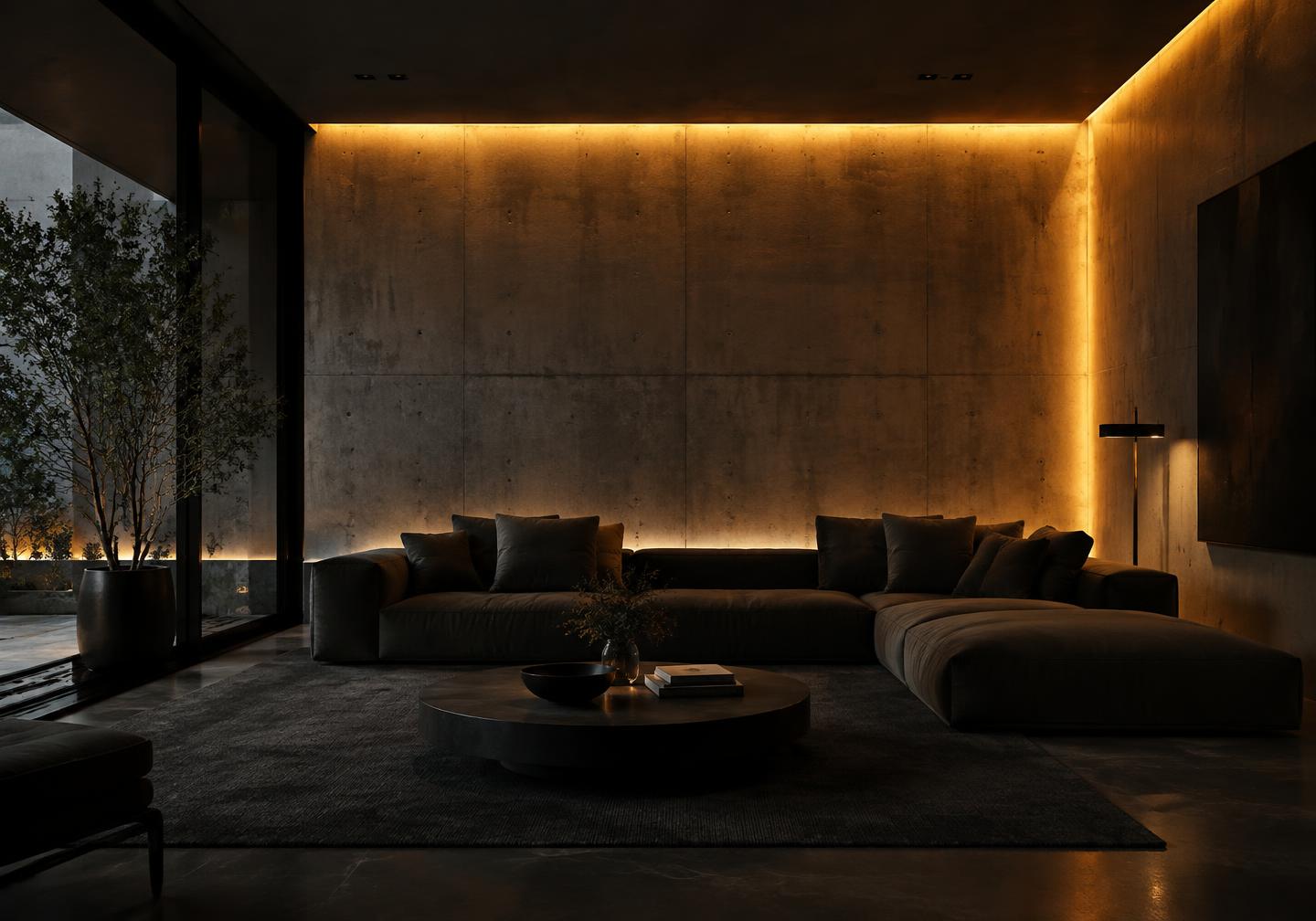 Sala de estar com iluminação indireta em concreto aparente